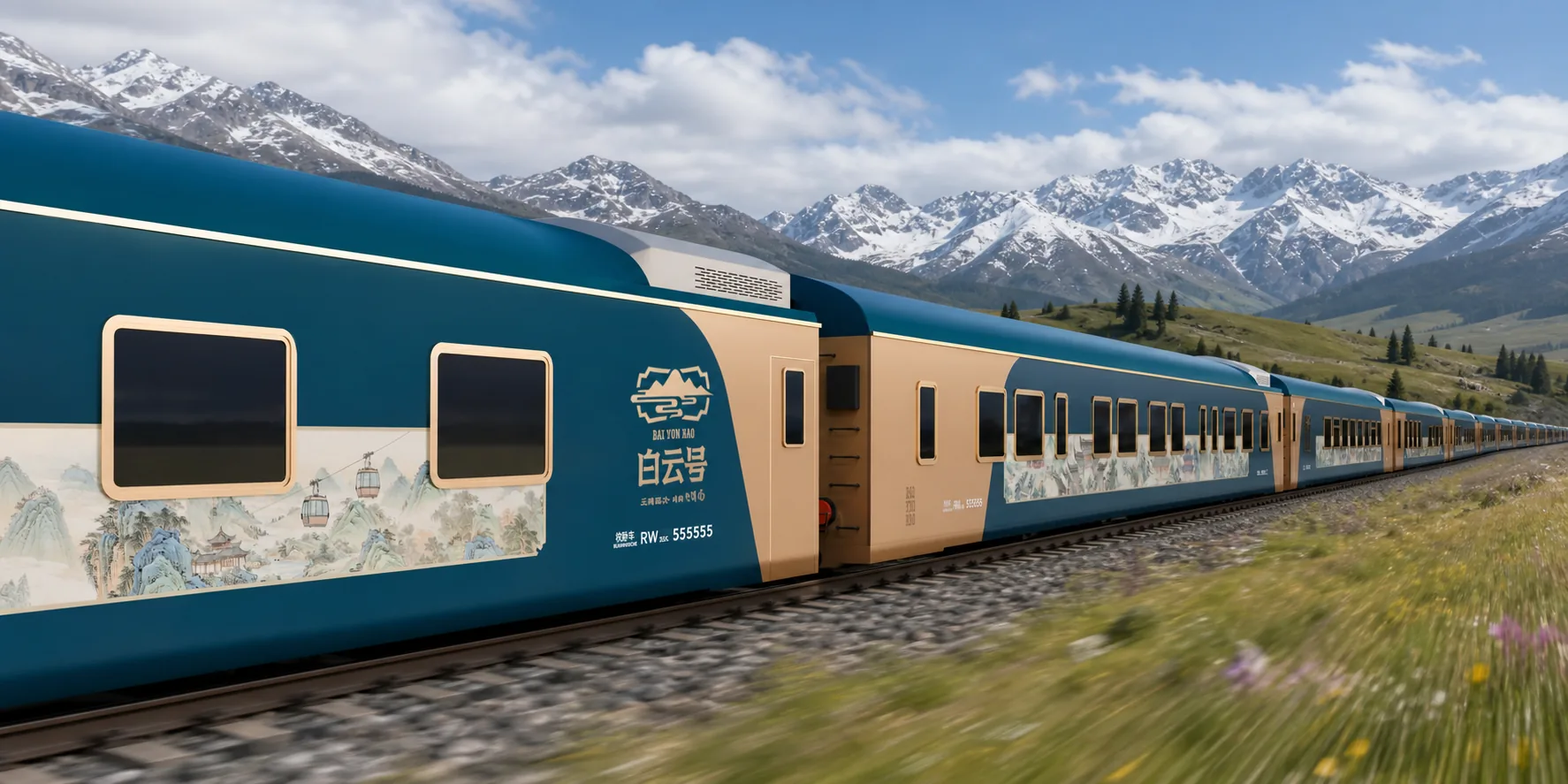 Baiyun Express en un paisaje montañoso de Xinjiang durante el viaje de 2027