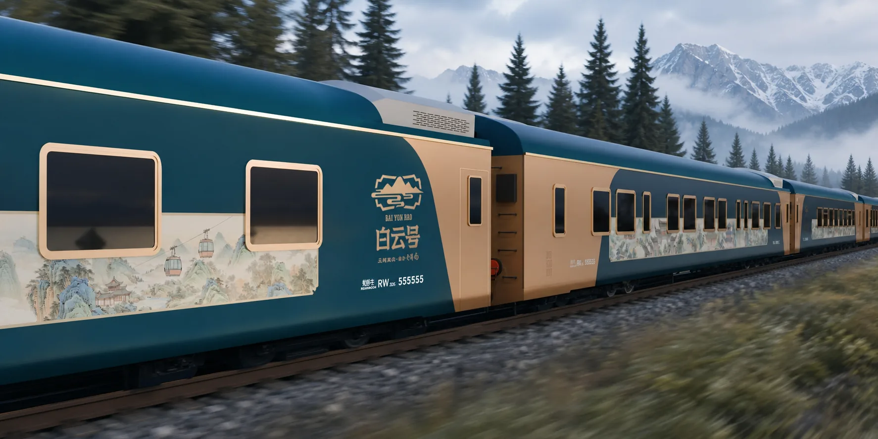 Baiyun Express atravesando un valle boscoso de Xinjiang