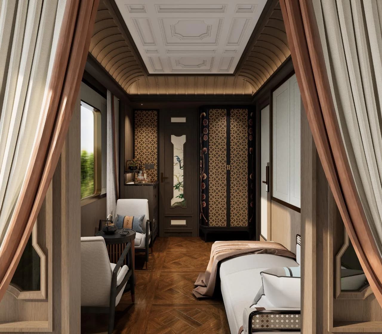 Suite twin premium Yunqi · Lanyue: Dormitorio y rincón de té (Imagen digital)