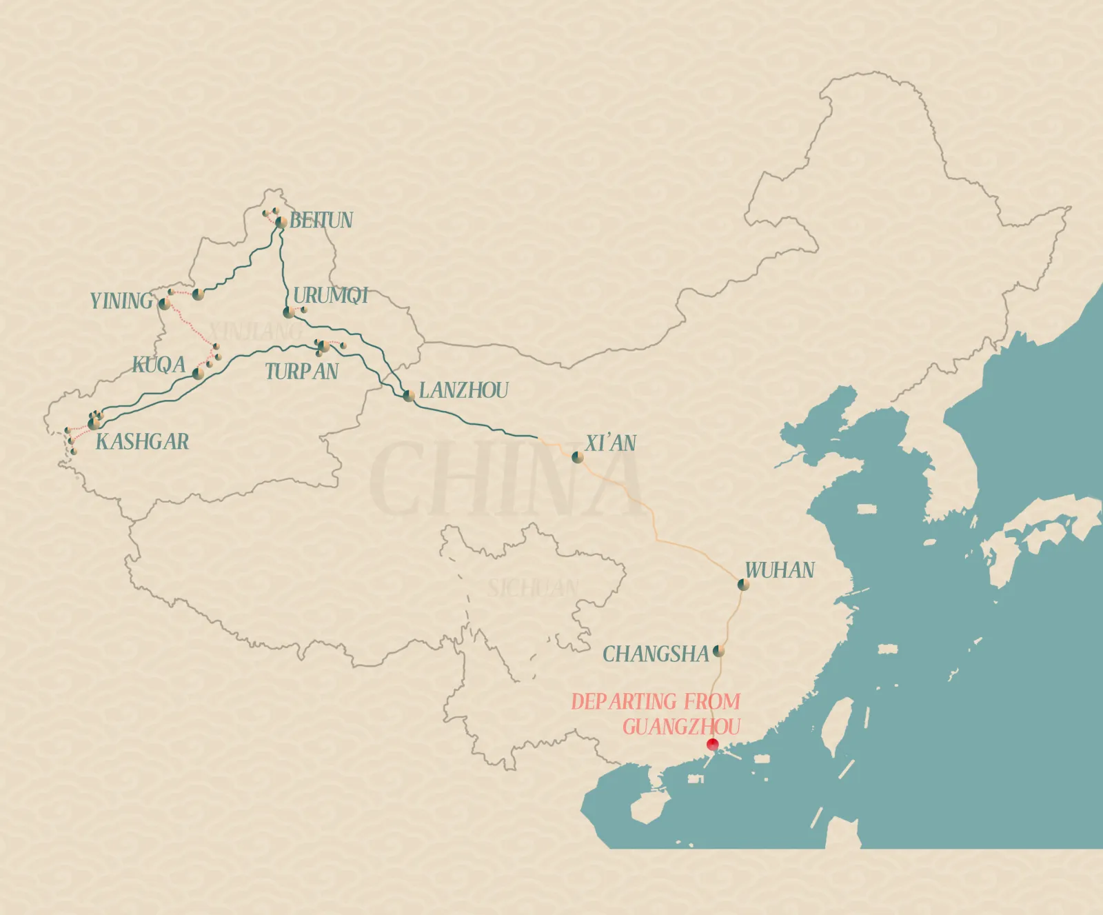 白云号2027新疆全景18日之旅线路图